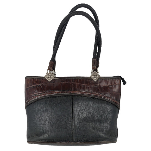 VTG BRIGHTON‎ Croc Embossed Pebbled Leather Bag Medium Black Brown Shoulder Tote - Picture 1 of 15